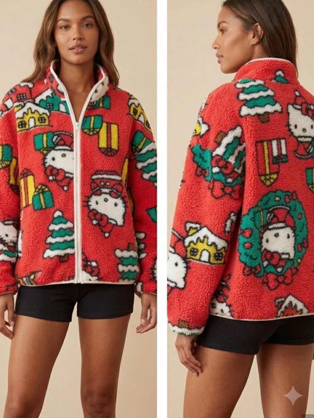 Hello Kitty Red Christmas Festive Teddy Zip Jacket Sz XXL